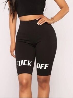 Fashion Nova Black Graphic High-Waist Biker Shorts - Bold White Text